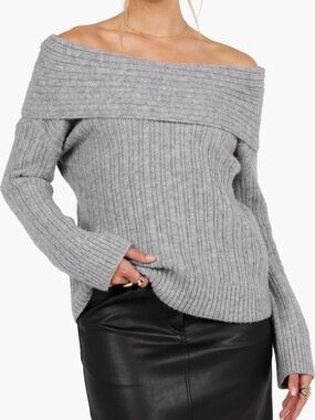 Petal & Pup Off-the-Shoulder Ribbed Sweater - Light Gray